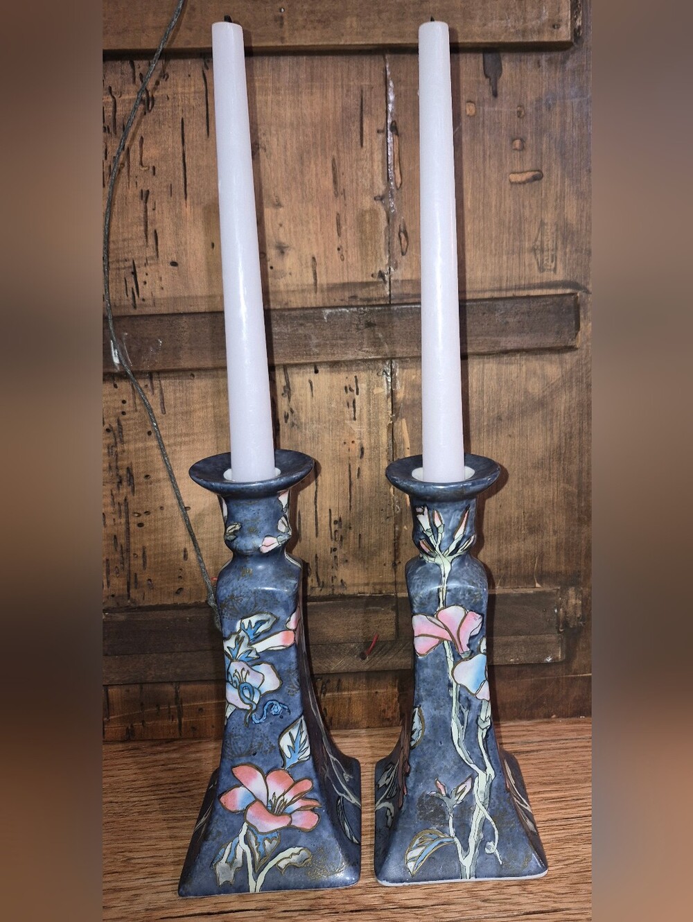 Set Of Vintage Chinese Porcelain Candlestick Holders, Light Blue Floral